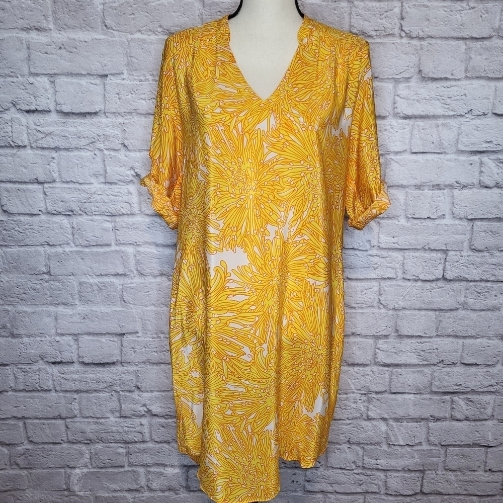 Amanda Uprichard dress yellow white floral tunic v neck knee length size M NWT - Picture 3 of 11